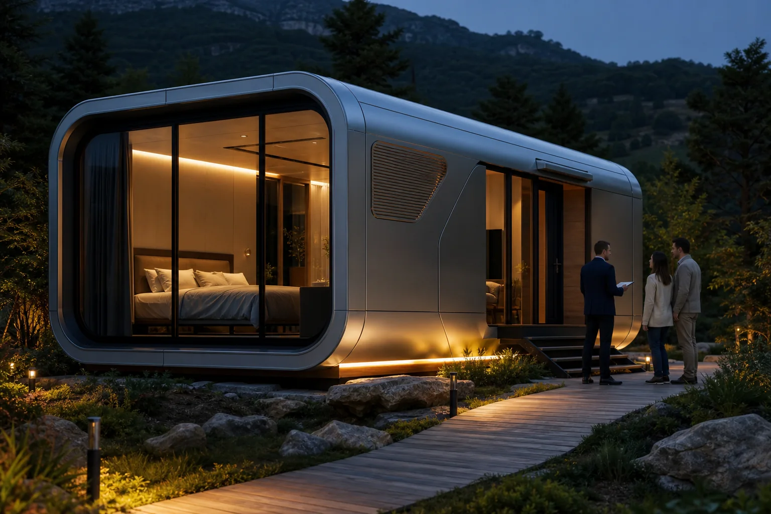Completed illuminated capsule in a finished landscaped setting with clients and representative