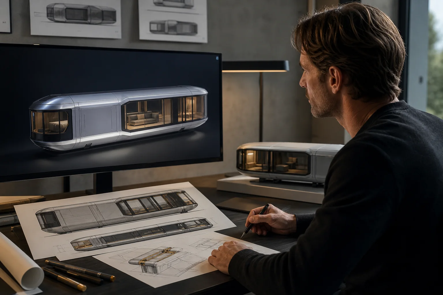 Engineer reviewing a digital capsule model and technical drawings