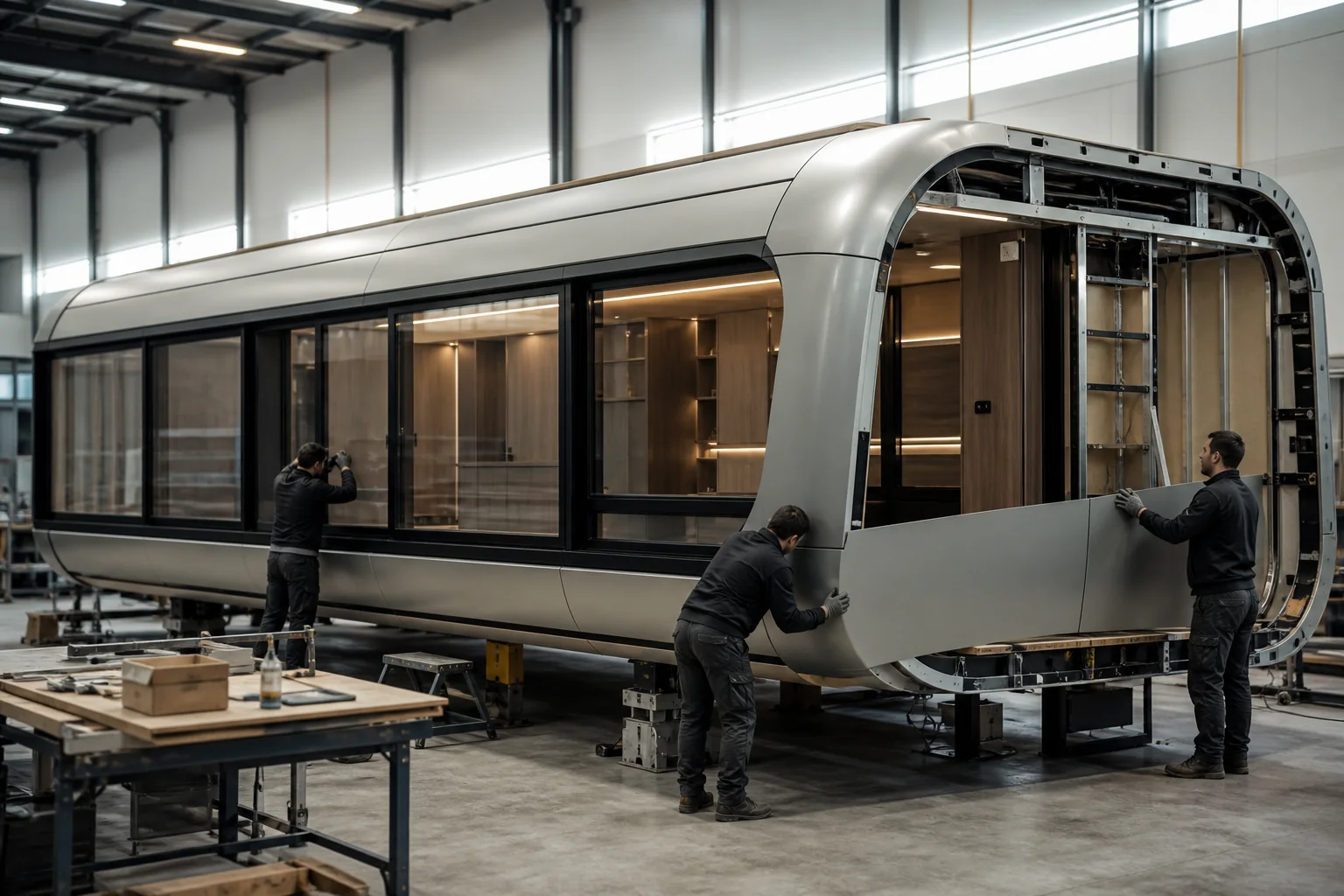 Technicians assembling a panoramic modular capsule in a controlled factory