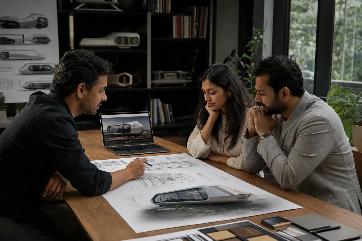 Architect discussing a modular capsule house blueprint with prospective clients