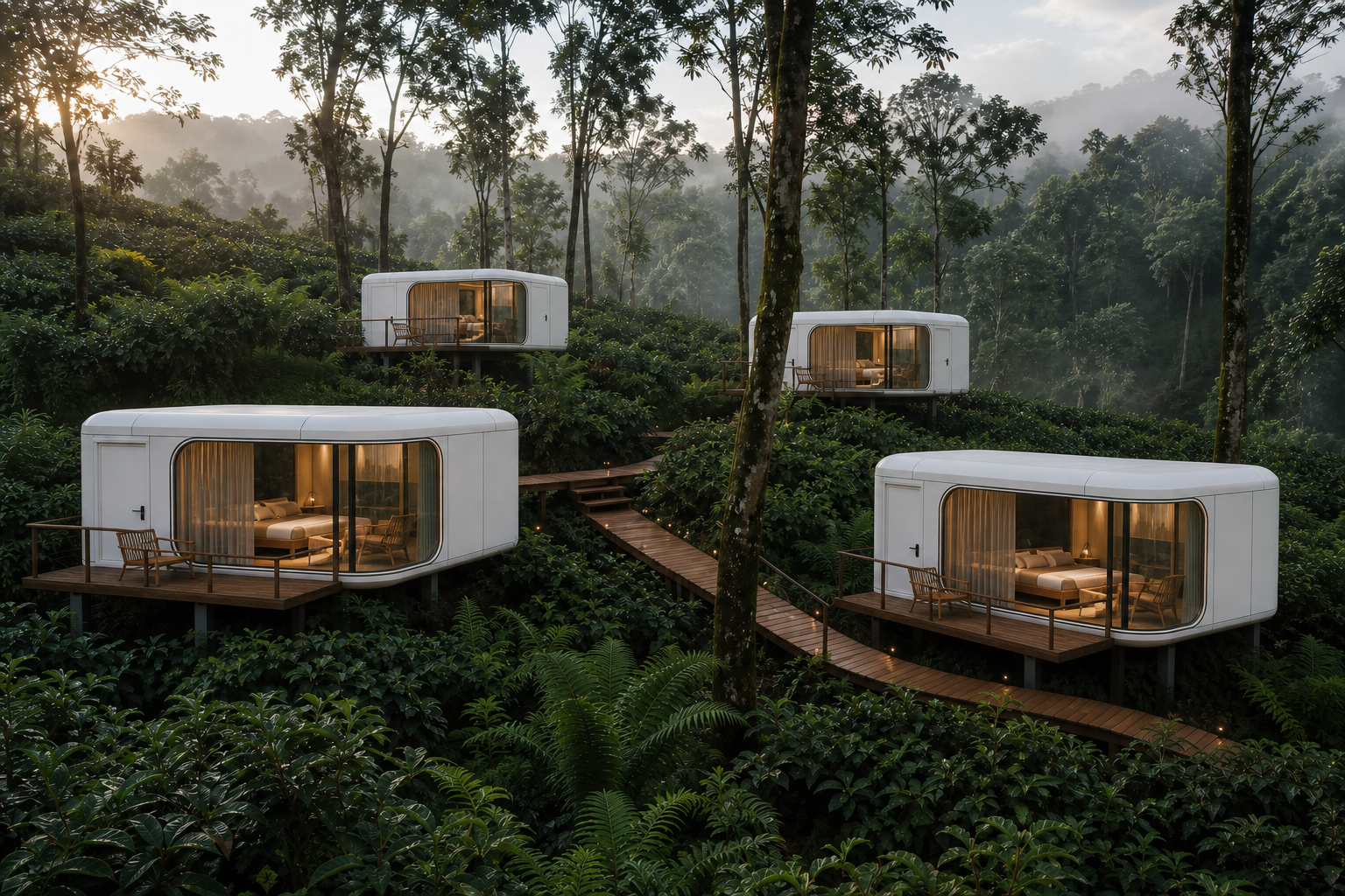 Premium modular space capsule residence in a forest landscape